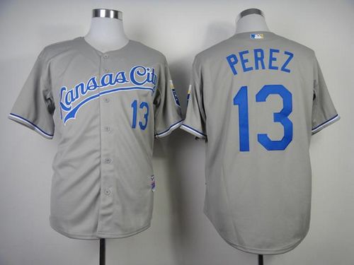 Royals #13 Salvador Perez Grey Cool Base Stitched MLB Jersey - Click Image to Close