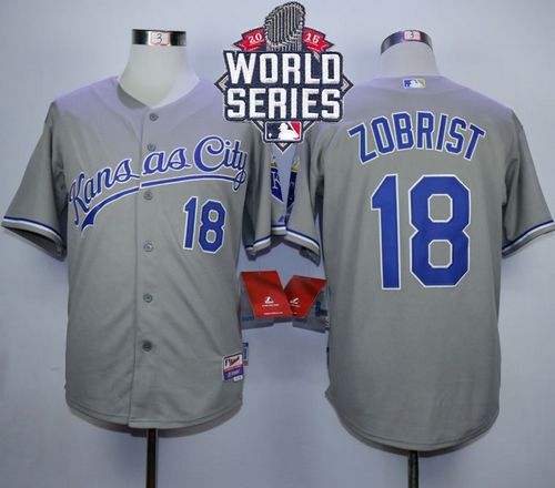 Royals #18 Ben Zobrist Grey Cool Base W/2015 World Series Patch Stitched MLB Jersey