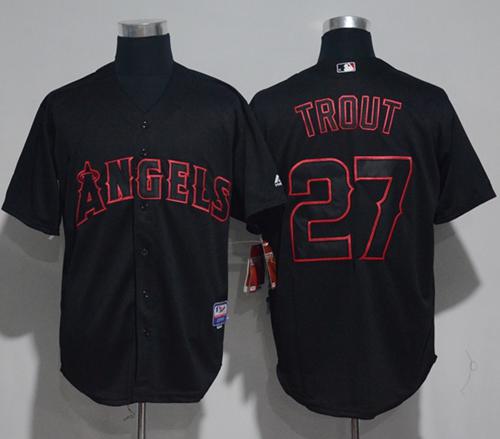 Angels of Anaheim #27 Mike Trout Black Strip Stitched MLB Jersey - Click Image to Close