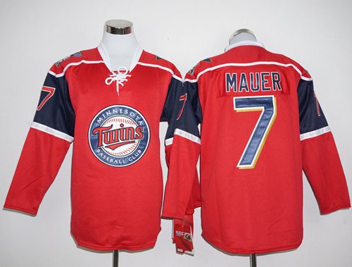 Twins #7 Joe Mauer Red Long Sleeve Stitched MLB Jersey - Click Image to Close