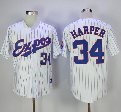 Mitchell And Ness Expos #34 Bryce Harper White Strip Throwback Stitched MLB Jersey - Click Image to Close