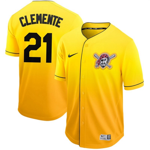 Pirates #21 Roberto Clemente Gold Fade Authentic Stitched Baseball Jersey