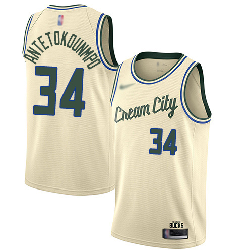 Bucks #34 Giannis Antetokounmpo Cream Basketball Swingman City Edition 2019/20 Jersey