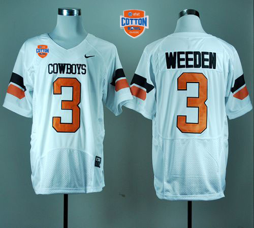 Cowboys #3 Brandon Weeden White Pro Combat 2014 Cotton Bowl Patch Stitched NCAA Jersey - Click Image to Close