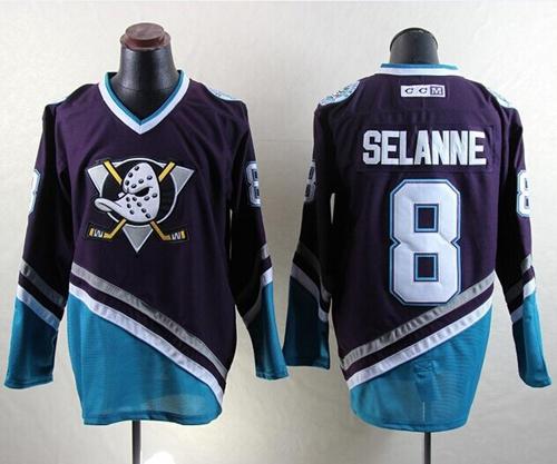 Ducks #8 Teemu Selanne Purple/Turquoise CCM Throwback Stitched NHL Jersey - Click Image to Close