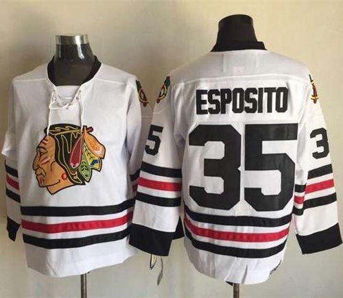 Blackhawks #35 Tony Esposito White CCM Throwback Stitched NHL Jersey - Click Image to Close