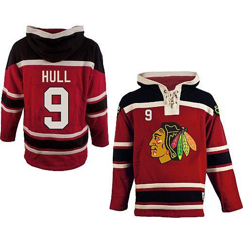 Blackhawks #9 Bobby Hull Red Sawyer Hooded Sweatshirt Stitched NHL Jersey - Click Image to Close