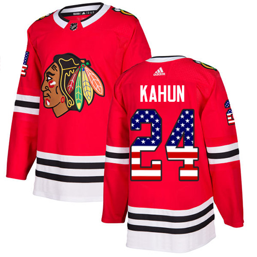 Adidas Blackhawks #24 Dominik Kahun Red Home Authentic USA Flag Stitched NHL Jersey - Click Image to Close