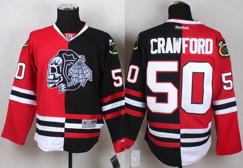 Blackhawks #50 Corey Crawford Red/Black Split White Skull Stitched NHL Jersey - Click Image to Close