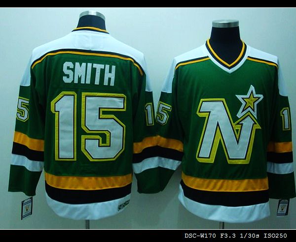 Stars #15 Bobby Smith Stitched Green CCM Throwback NHL Jersey - Click Image to Close