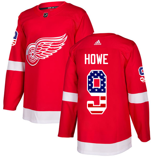 Adidas Red Wings #9 Gordie Howe Red Home Authentic USA Flag Stitched NHL Jersey - Click Image to Close