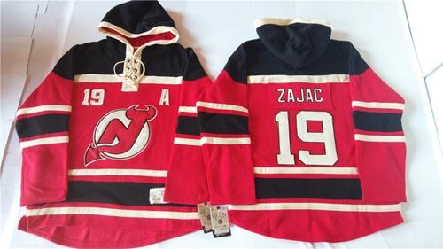 Devils #19 Travis Zajac Red Sawyer Hooded Sweatshirt Stitched NHL Jersey - Click Image to Close