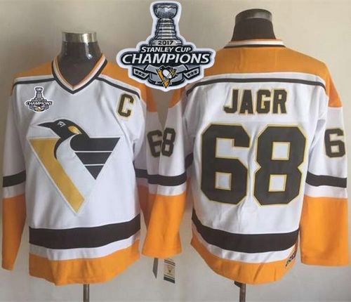 Penguins #68 Jaromir Jagr White/Yellow CCM Throwback 2017 Stanley Cup Finals Champions Stitched NHL Jersey - Click Image to Close