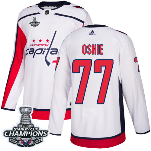 Adidas Capitals #77 T.J. Oshie White Road Authentic Stanley Cup Final Champions Stitched NHL Jersey - Click Image to Close