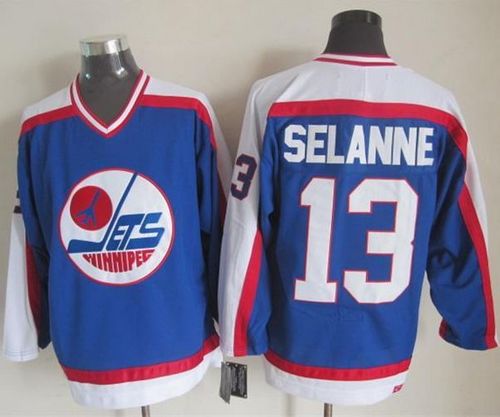 Jets #13 Teemu Selanne Blue/White CCM Throwback Stitched NHL Jersey - Click Image to Close