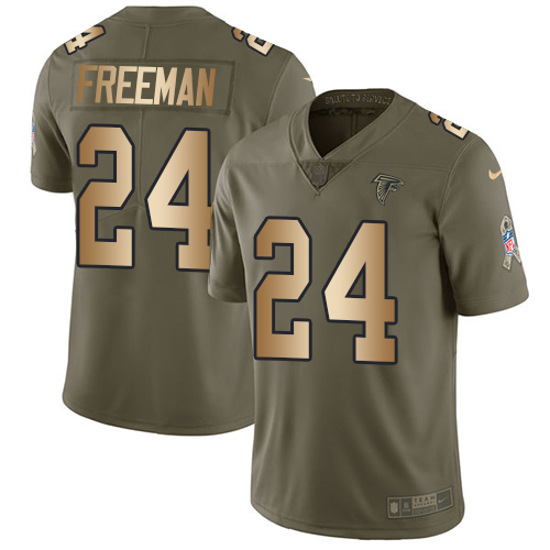 Nike Falcons #24 Devonta Freeman Olive/Gold Men's Stitched NFL Limited 2017 Salute To Service Jersey - Click Image to Close