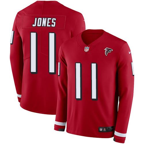 Nike Falcons #11 Julio Jones Red Team Color Men's Stitched NFL Limited Therma Long Sleeve Jersey - Click Image to Close