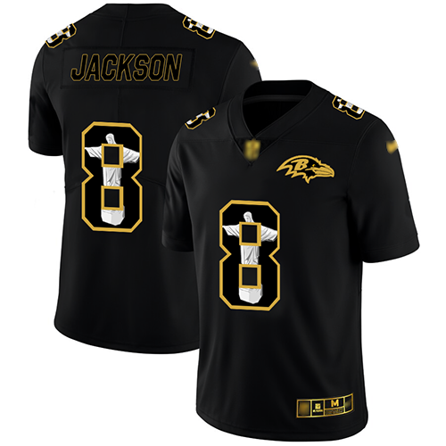 Ravens #8 Lamar Jackson Black Men's Stitched Football Limited Jesus Faith Jersey - Click Image to Close