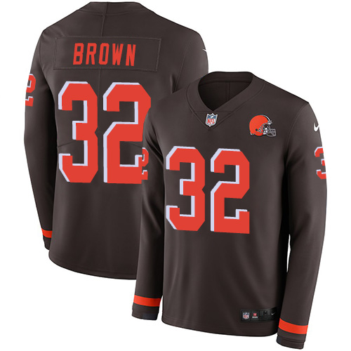 Nike Browns #32 Jim Brown Brown Team Color Men's Stitched NFL Limited Therma Long Sleeve Jersey - Click Image to Close