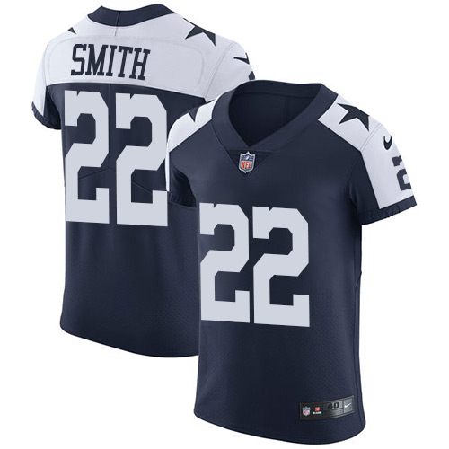 Nike Cowboys #22 Emmitt Smith Navy Blue Thanksgiving Men's Stitched NFL Vapor Untouchable Throwback Elite Jersey - Click Image to Close