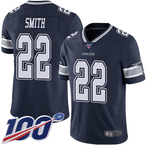 Cowboys #22 Emmitt Smith Navy Blue Team Color Men's Stitched Football 100th Season Vapor Limited Jersey - Click Image to Close