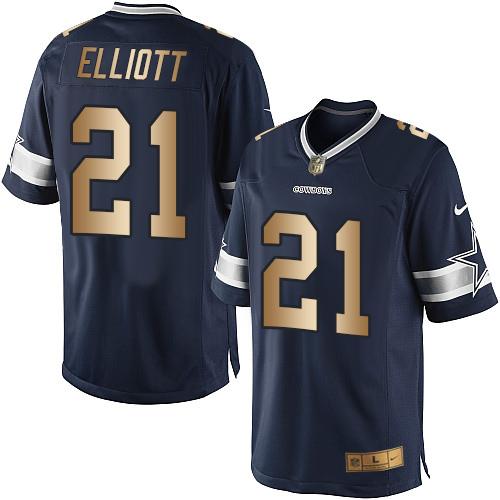 Nike Cowboys #21 Ezekiel Elliott Navy Blue Team Color Men's Stitched NFL Limited Gold Jersey - Click Image to Close