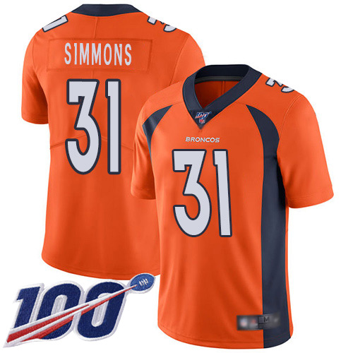 Broncos #31 Justin Simmons Orange Men's Stitched Football 100th Season Vapor Limited Jersey - Click Image to Close