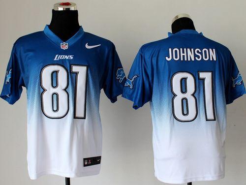 Nike Lions #81 Calvin Johnson Blue/White Men's Stitched NFL Elite Fadeaway Fashion Jersey