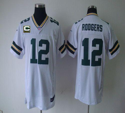 Nike Packers #12 Aaron Rodgers White With C Patch Men's Stitched NFL Elite Jersey