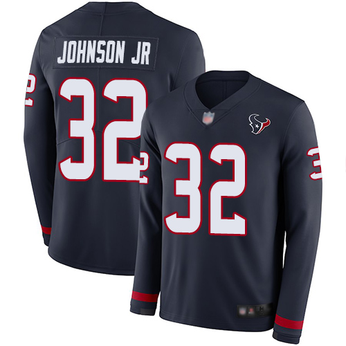 Texans #32 Lonnie Johnson Jr. Navy Blue Team Color Men's Stitched Football Limited Therma Long Sleeve Jersey - Click Image to Close