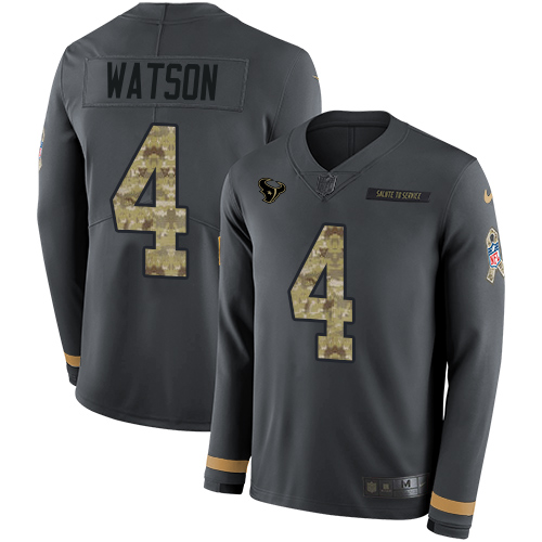 Nike Texans #4 Deshaun Watson Anthracite Salute to Service Men's Stitched NFL Limited Therma Long Sleeve Jersey - Click Image to Close