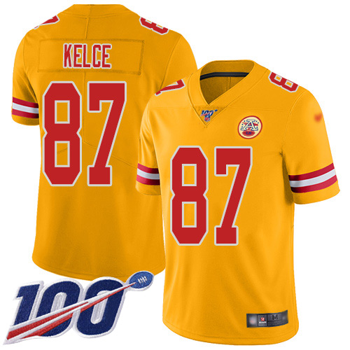 Chiefs #87 Travis Kelce Gold Men's Stitched Football Limited Inverted Legend 100th Season Jersey - Click Image to Close