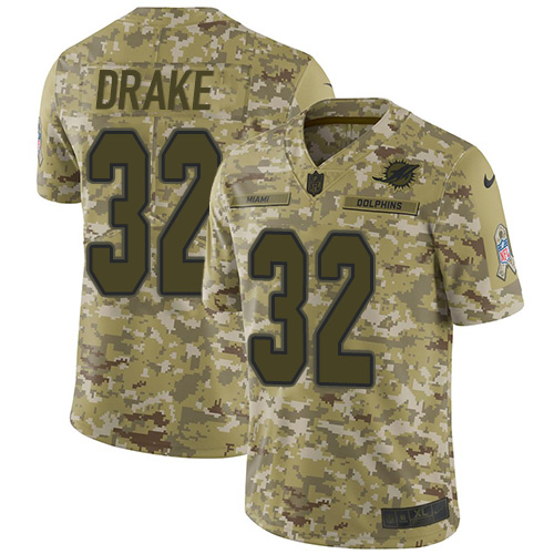 Nike Dolphins #32 Kenyan Drake Camo Men's Stitched NFL Limited 2018 Salute To Service Jersey - Click Image to Close