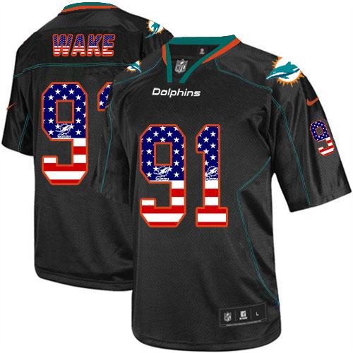 Nike Dolphins #91 Cameron Wake Black Men's Stitched NFL Elite USA Flag Fashion Jersey - Click Image to Close