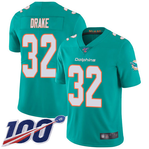 Dolphins #32 Kenyan Drake Aqua Green Team Color Men's Stitched Football 100th Season Vapor Limited Jersey - Click Image to Close