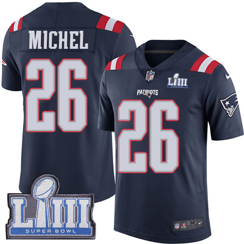 Nike Patriots #26 Sony Michel Navy Blue Super Bowl LIII Bound Men's Stitched NFL Limited Rush Jersey - Click Image to Close