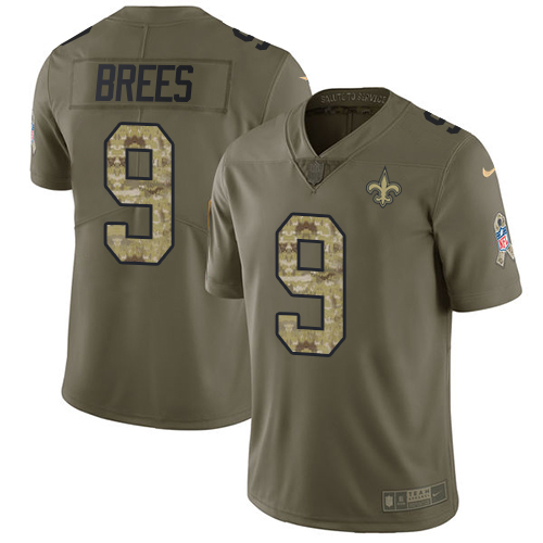 Nike Saints #9 Drew Brees Olive/Camo Men's Stitched NFL Limited 2017 Salute To Service Jersey - Click Image to Close