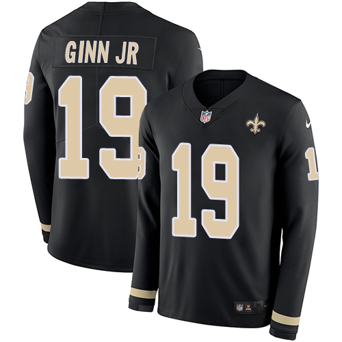 Nike Saints #19 Ted Ginn Jr Black Team Color Men's Stitched NFL Limited Therma Long Sleeve Jersey - Click Image to Close