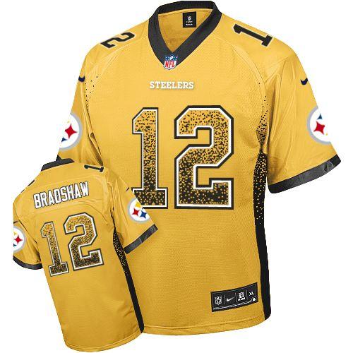 Nike Steelers #12 Terry Bradshaw Gold Men's Stitched NFL Elite Drift Fashion Jersey - Click Image to Close