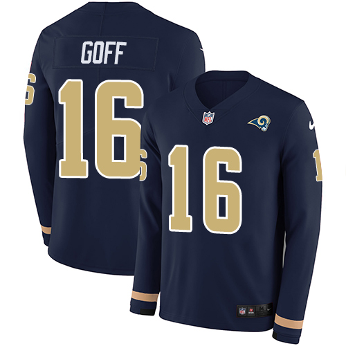 Nike Rams #16 Jared Goff Navy Blue Team Color Men's Stitched NFL Limited Therma Long Sleeve Jersey - Click Image to Close