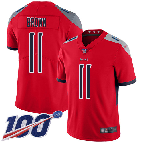 Titans #11 A.J. Brown Red Men's Stitched Football Limited Inverted Legend 100th Season Jersey - Click Image to Close