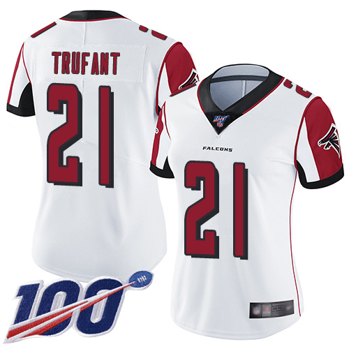 Falcons #21 Desmond Trufant White Women's Stitched Football 100th Season Vapor Limited Jersey - Click Image to Close