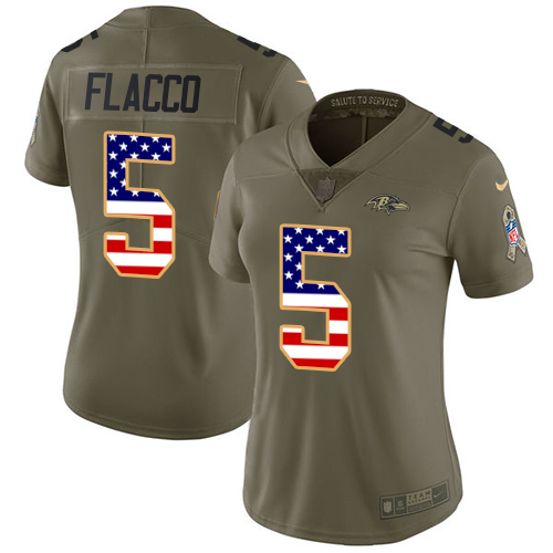 Nike Ravens #5 Joe Flacco Olive/USA Flag Women's Stitched NFL Limited 2017 Salute to Service Jersey - Click Image to Close