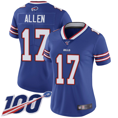 Bills #17 Josh Allen Royal Blue Team Color Women's Stitched Football 100th Season Vapor Limited Jersey - Click Image to Close