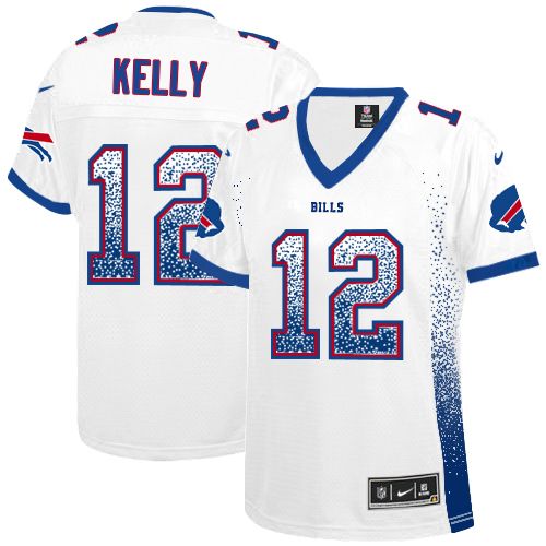 Nike Bills #12 Jim Kelly White Women's Stitched NFL Elite Drift Fashion Jersey - Click Image to Close