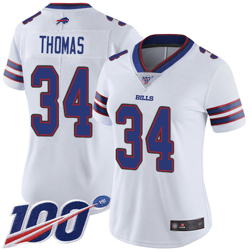 Bills #34 Thurman Thomas White Women's Stitched Football 100th Season Vapor Limited Jersey - Click Image to Close