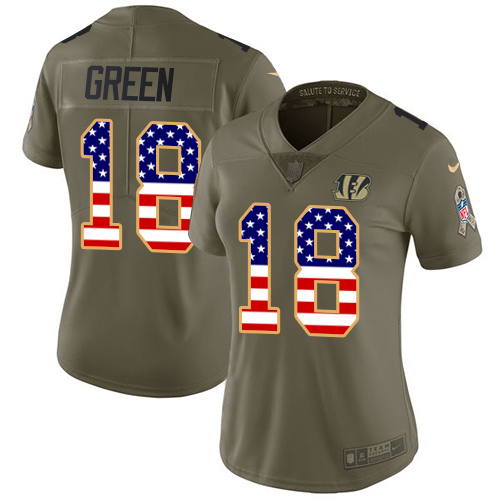 Nike Bengals #18 A.J. Green Olive/USA Flag Women's Stitched NFL Limited 2017 Salute to Service Jersey - Click Image to Close