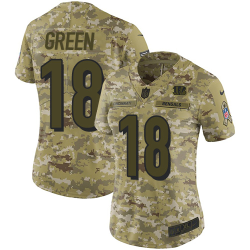 Nike Bengals #18 A.J. Green Camo Women's Stitched NFL Limited 2018 Salute to Service Jersey