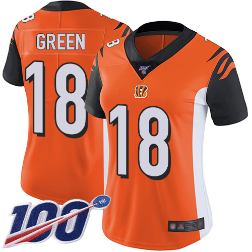 Bengals #18 A.J. Green Orange Alternate Women's Stitched Football 100th Season Vapor Limited Jersey - Click Image to Close