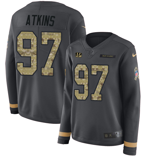 Nike Bengals #97 Geno Atkins Anthracite Salute to Service Women's Stitched NFL Limited Therma Long Sleeve Jersey - Click Image to Close